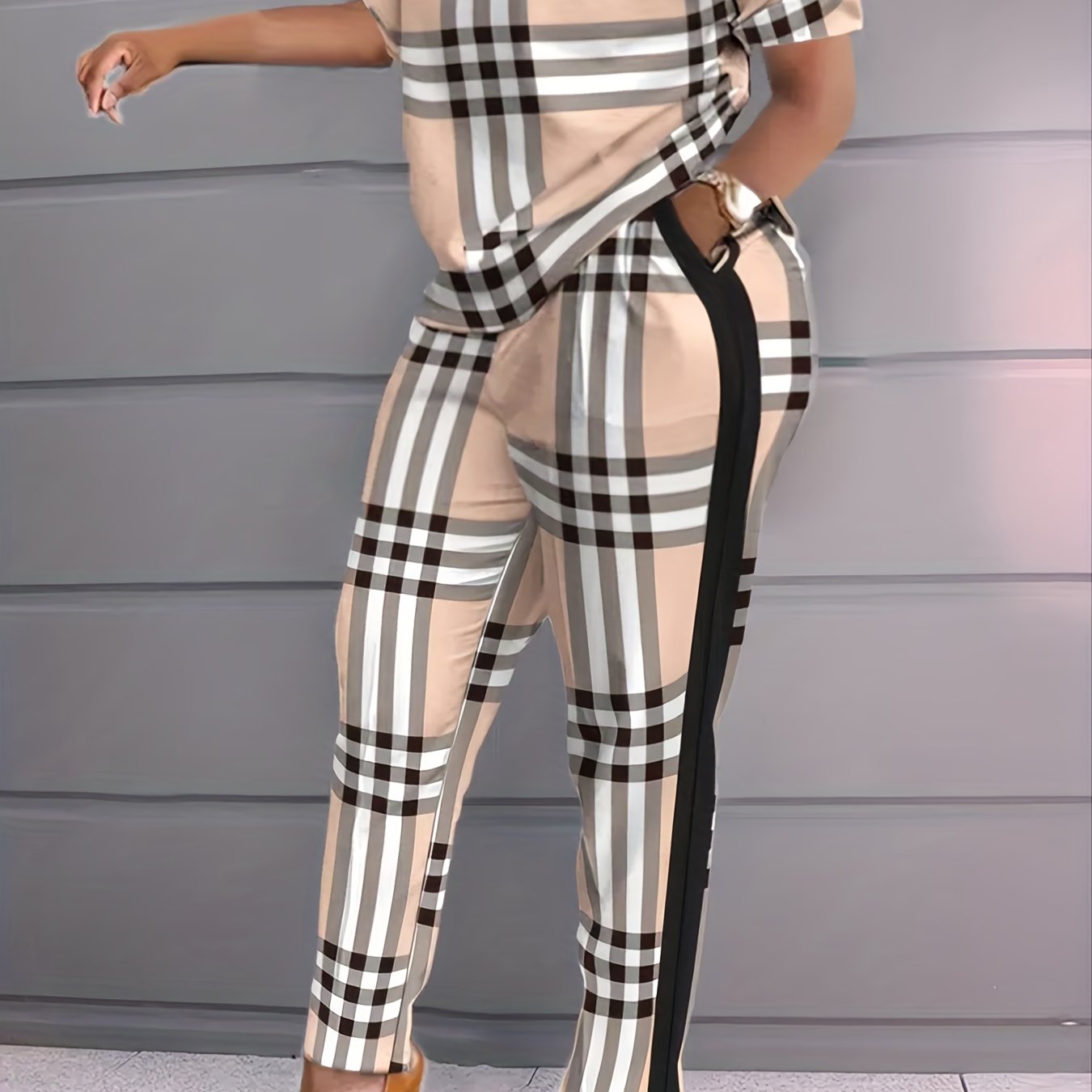 Casual Plaid 2pc Set Short Sleeve T shirt & High Waist Pants Outfit