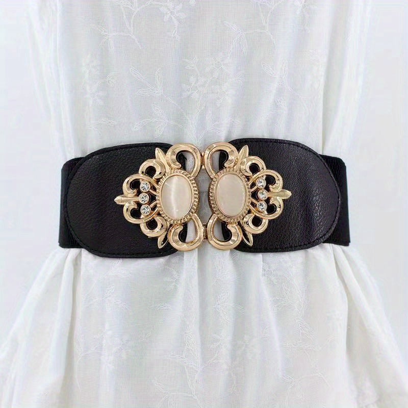 Women's Wide Elastic Belt with Double Metal Buckle