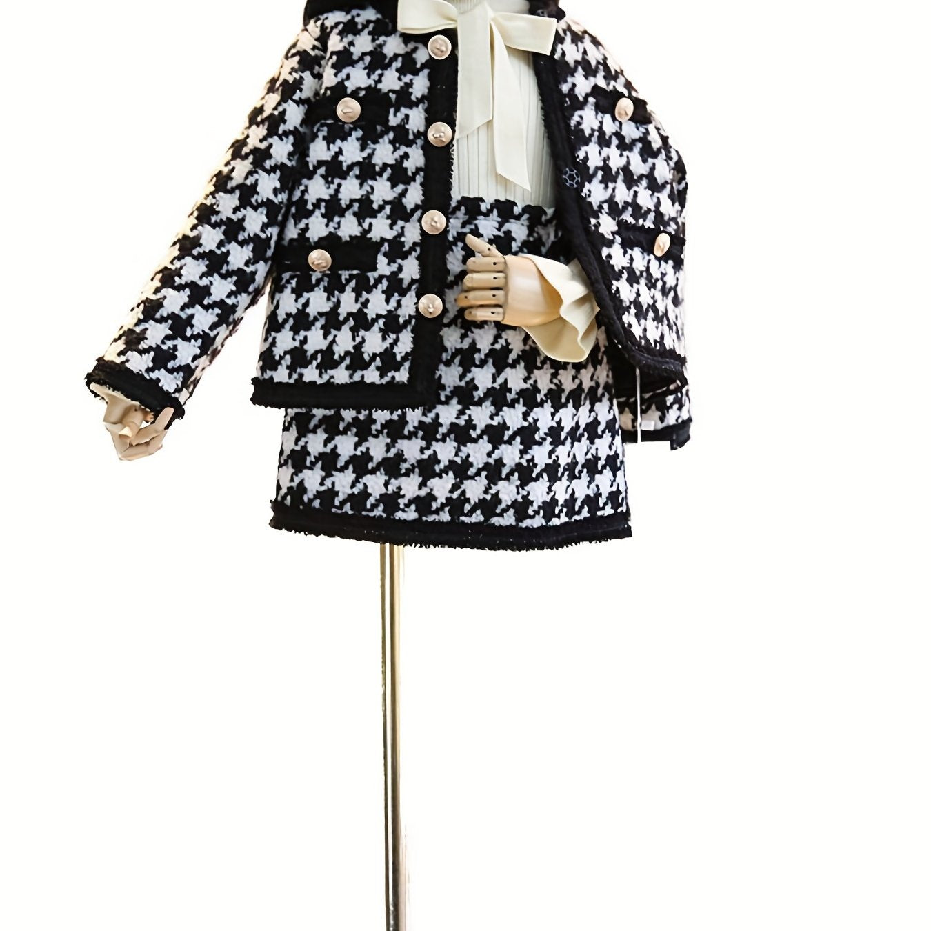 Girl's Houndstooth 2pcs Button Front Coat & Skirt Set Outfits