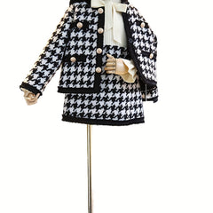 Girl's Houndstooth 2pcs Button Front Coat & Skirt Set Outfits
