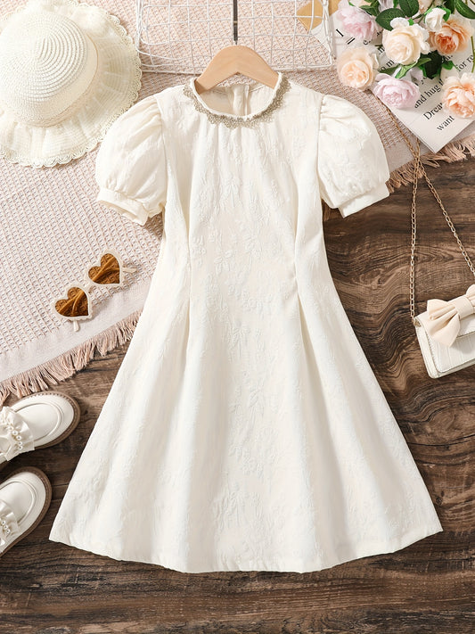 Girls' Jacquard Puff Sleeve Princess Dress Spring Summer Comfy Tunic