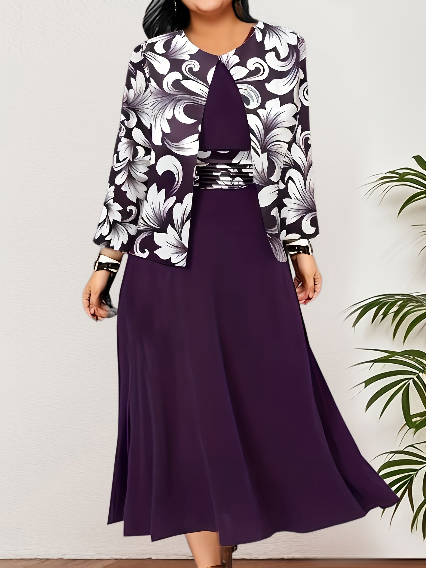 Floral Print 2pc Dress Set Long Sleeve Open Front Top & Block Dress