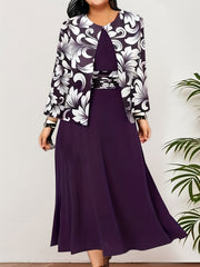Floral Print 2pc Dress Set Long Sleeve Open Front Top & Block Dress