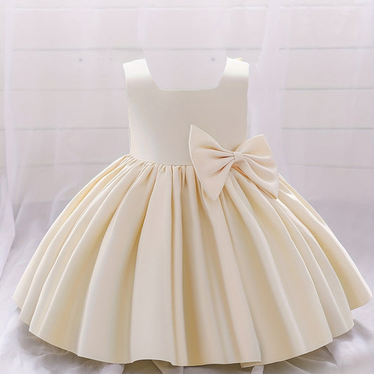 Girls Cute Bow Pleated Gown Dress Sleeveless Baby First Birthday Baptism Dress
