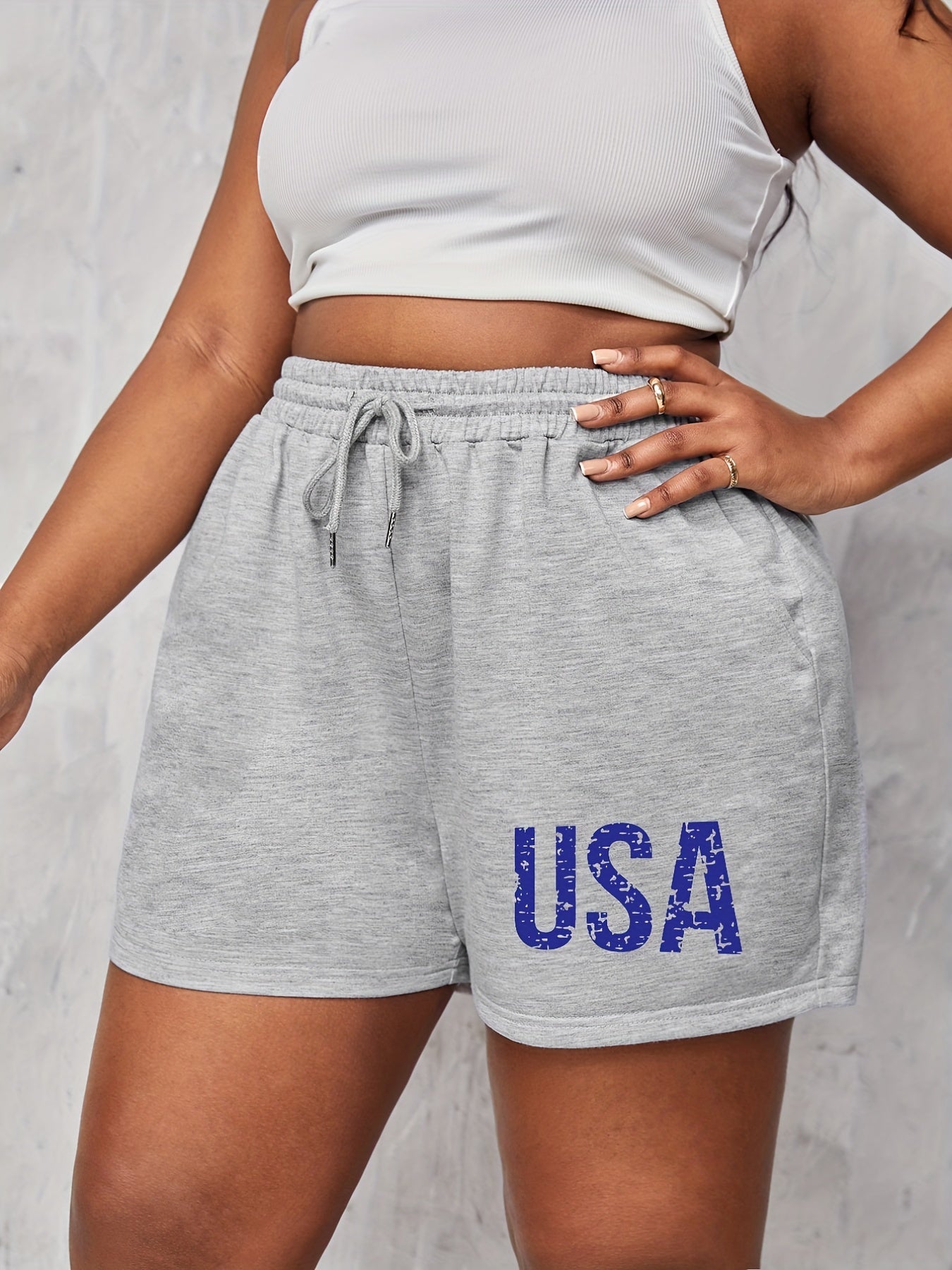  Independence Casual Shorts Women's Plus Crinkle Letter Print