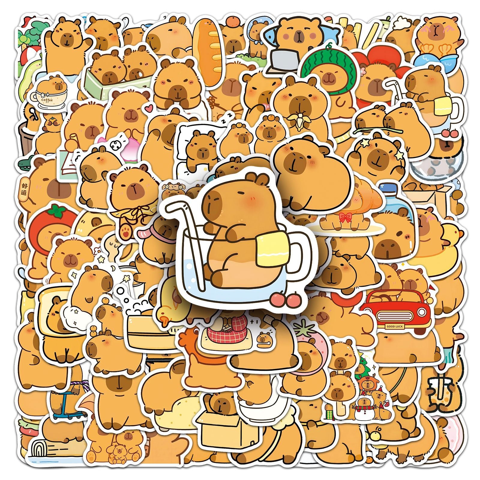 100pcs Capybara Vinyl Stickers for DIY Water Bottles Laptops, Brown, Waterproof