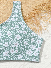 Girls Floral Split Bikini Swimsuit Set Sleeveless Top & Bottoms & Cover Up Skirt