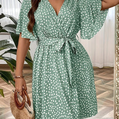  Ruffle Sleeve Surplice Neck Belted Knee Length Dress