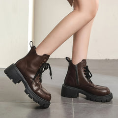 Chunky Heeled Combat Boots Lace Up & Side Zipper Women's Ankle Boot