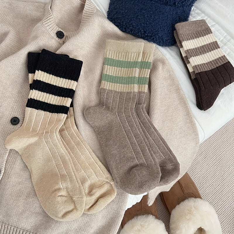 5 Pairs Striped Crew Socks Soft & Comfy Women's Stockings