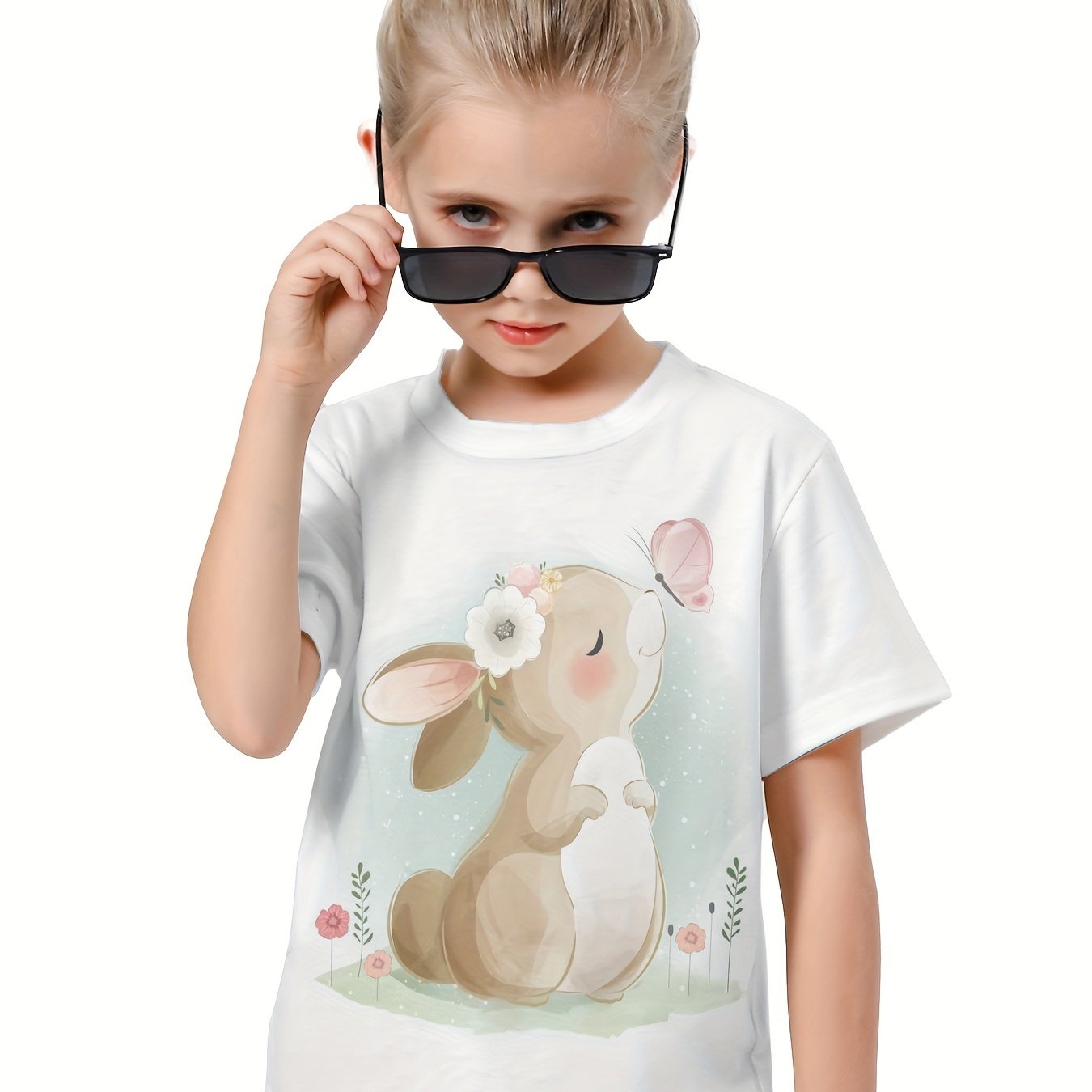 3D Sweet Bunny Graphic Short Sleeve T shirt for Girls Boys