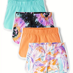 4 Packs Girls Casual Active Shorts With Tie dye And Plain Colors