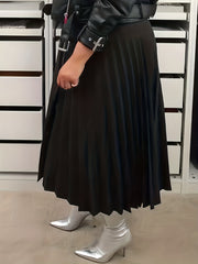  Solid Button Pleated Stretch Skirt
