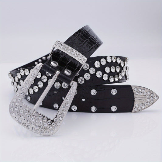 Men's Rhinestone Belt Waist Strap 44inch PU Leather