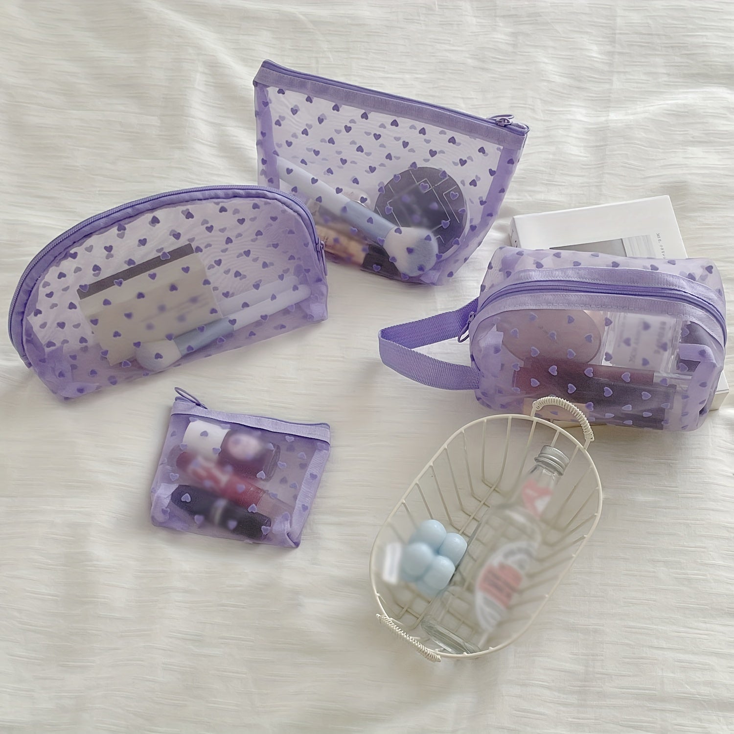 Purple Mesh Makeup Bag Heart Pattern Cosmetic Zipper Pouch