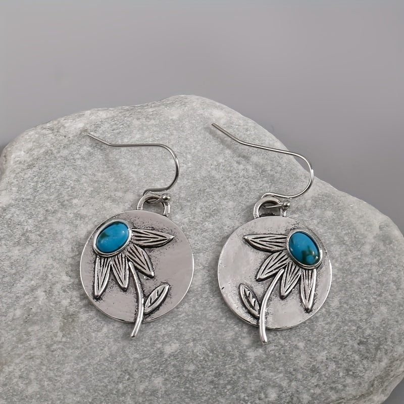 Vintage Disc Turquoise Drop Earrings 925 Silver Plated Ethnic Style Ear Jewelry