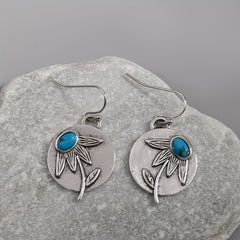 Vintage Disc Turquoise Drop Earrings 925 Silver Plated Ethnic Style Ear Jewelry