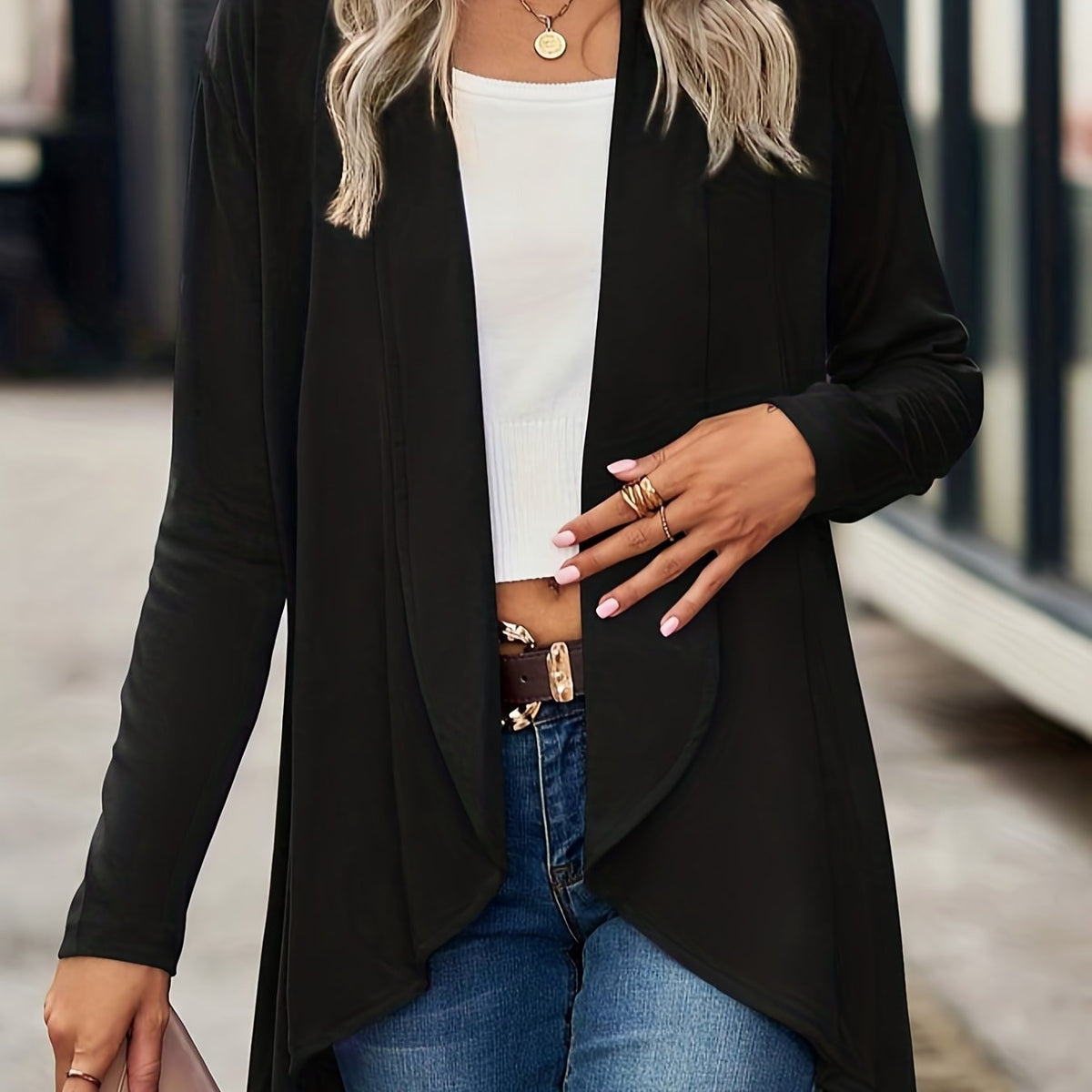  Solid Long Sleeve Shawl Collar Cardigan