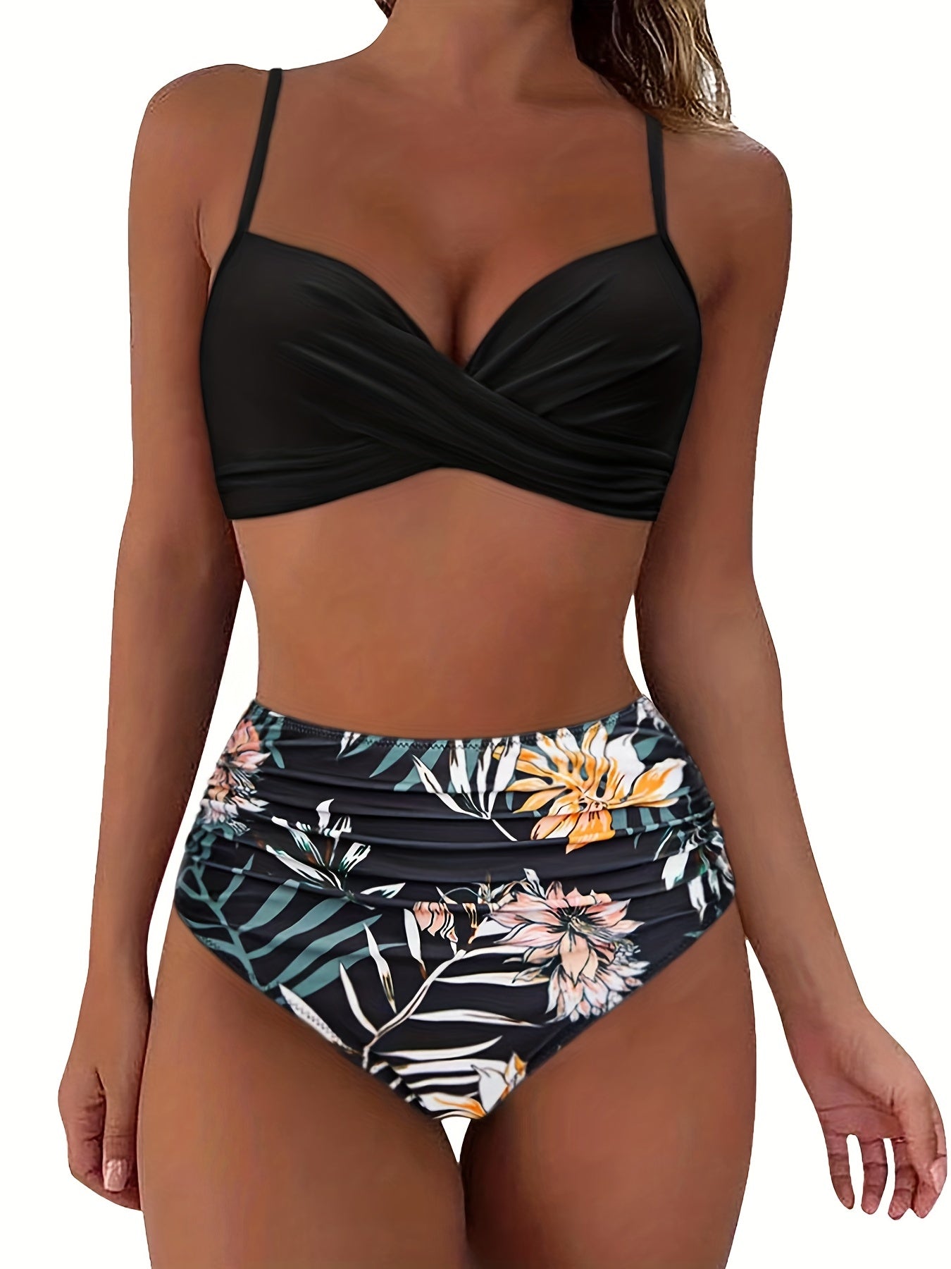 Tropical Print V Neck Bikini Set Layered High Waist Colorblock Swimsuit