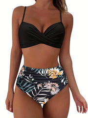 Tropical Print V Neck Bikini Set Layered High Waist Colorblock Swimsuit