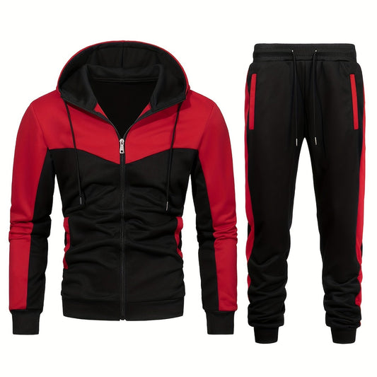 Men's Zip Up Hooded Jacket & Sweatpants Set for Outdoor Activities