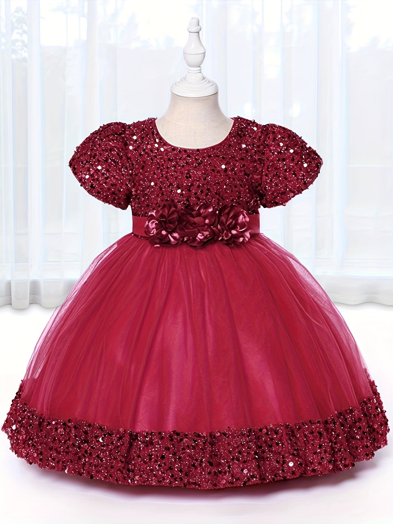 Baby Girls Flower Bowknot Decor Puff Sleeve Mesh Sequin Princess Dress