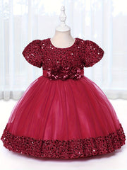 Baby Girls Flower Bowknot Decor Puff Sleeve Mesh Sequin Princess Dress
