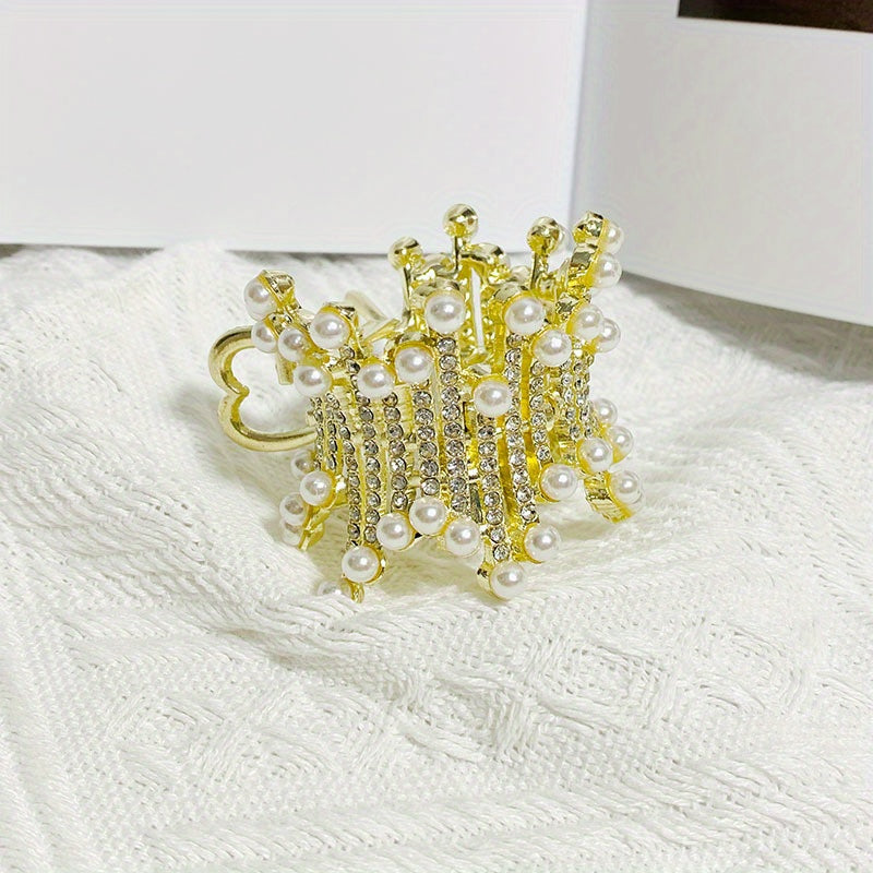 Irregular Round Hair Claw Ponytail Metal Clip Rhinestone Faux Pearl