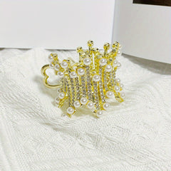 Irregular Round Hair Claw Ponytail Metal Clip Rhinestone Faux Pearl