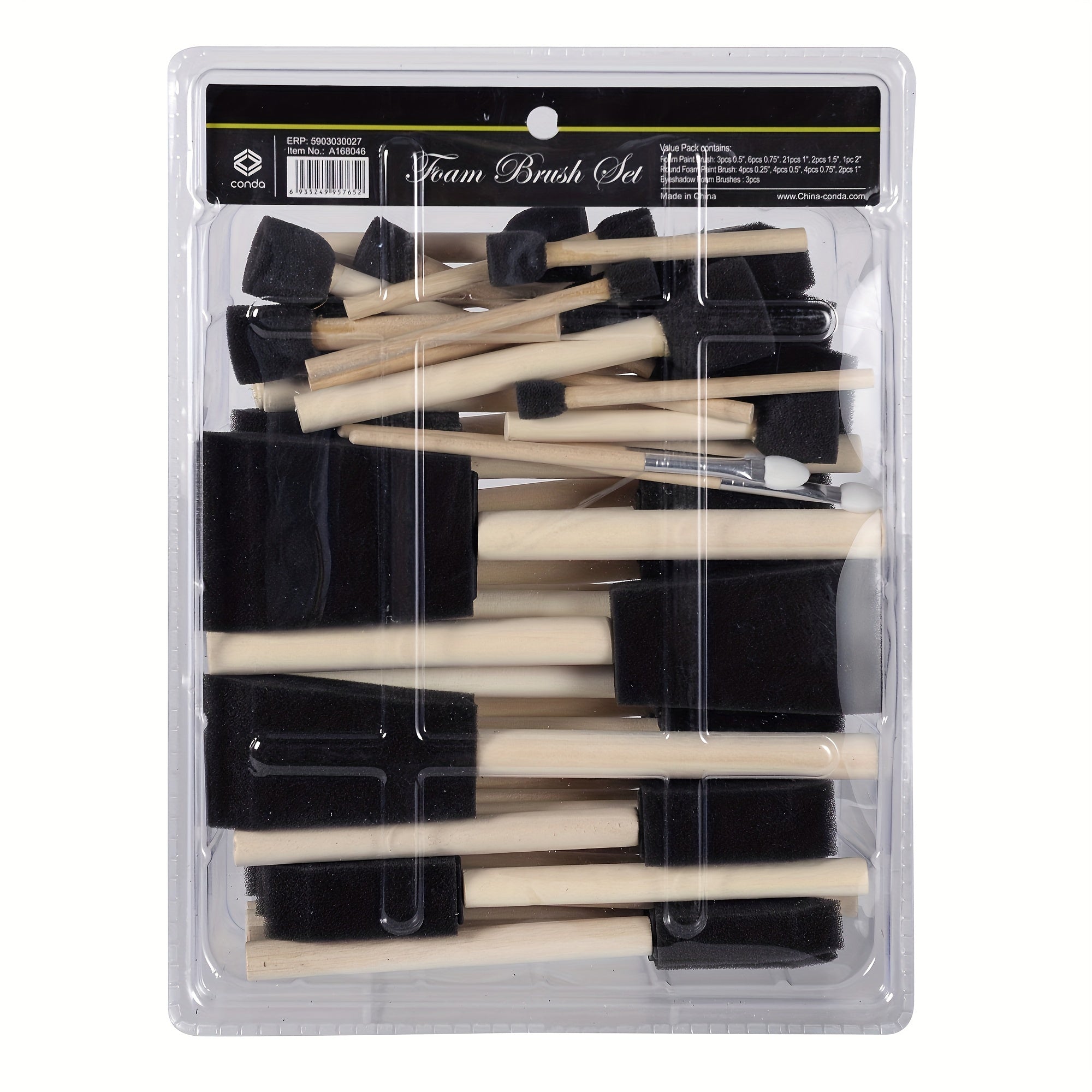 50pcs Assorted Foam Brush Kit Wooden Handle Paint Brush Set