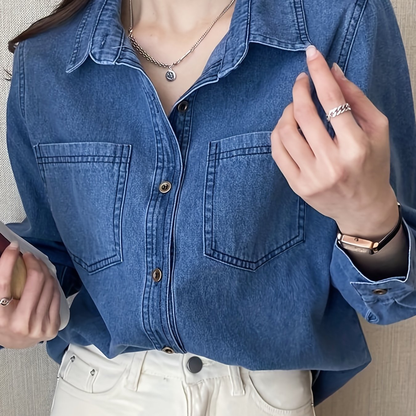 Loose Fit Long Sleeves Denim Shirt with Lapel