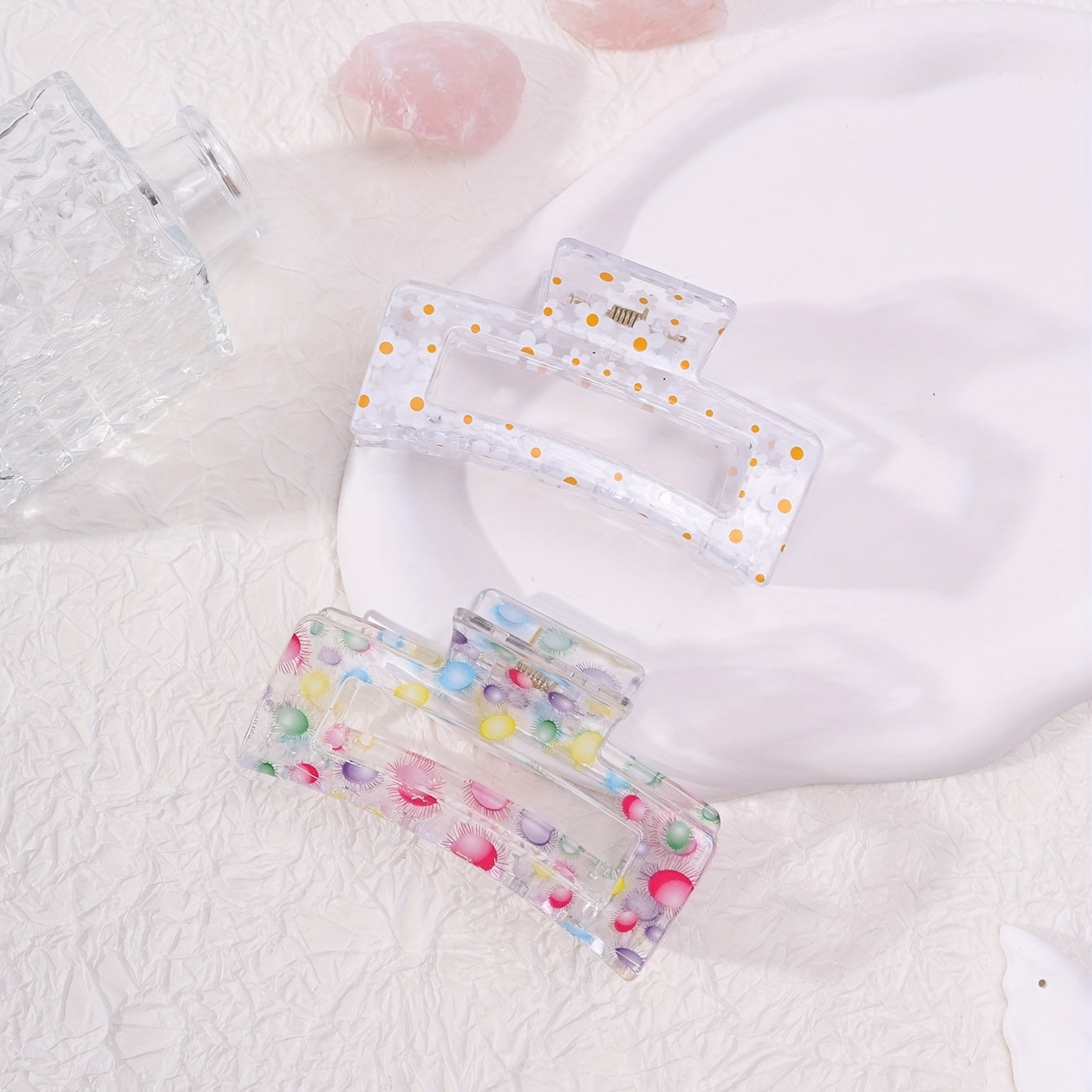2pcs Floral Printed Hair Claw Clips Transparent Nonslip Shark Clip Women Girls
