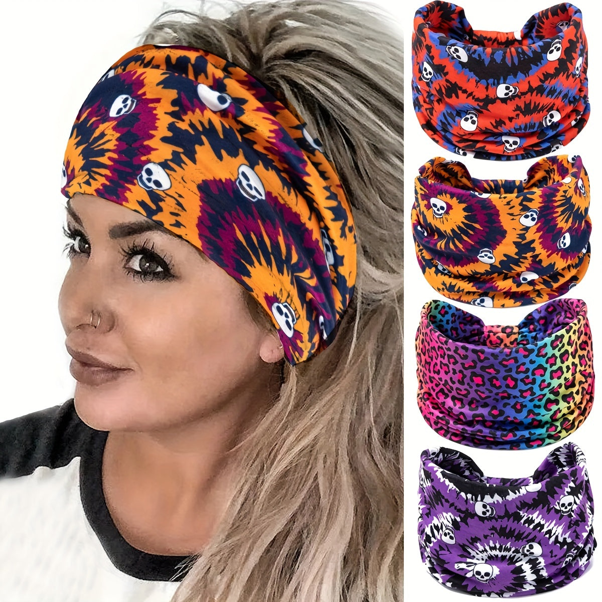 Skull Pattern Headband Tie Dye Leopard Print Bandana