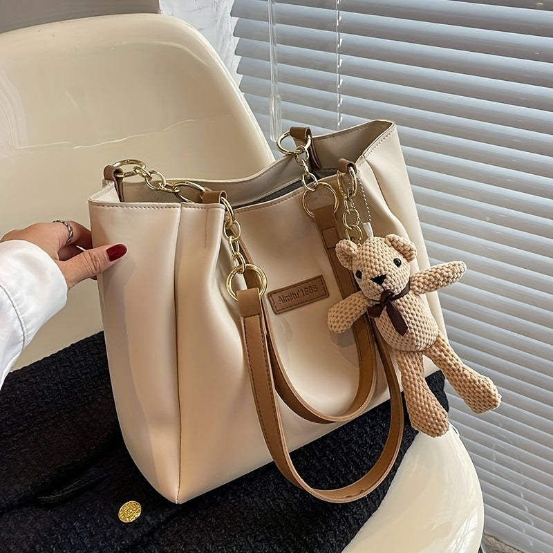 Women's PU Leather Tote Shoulder Bag with Bear Pendant