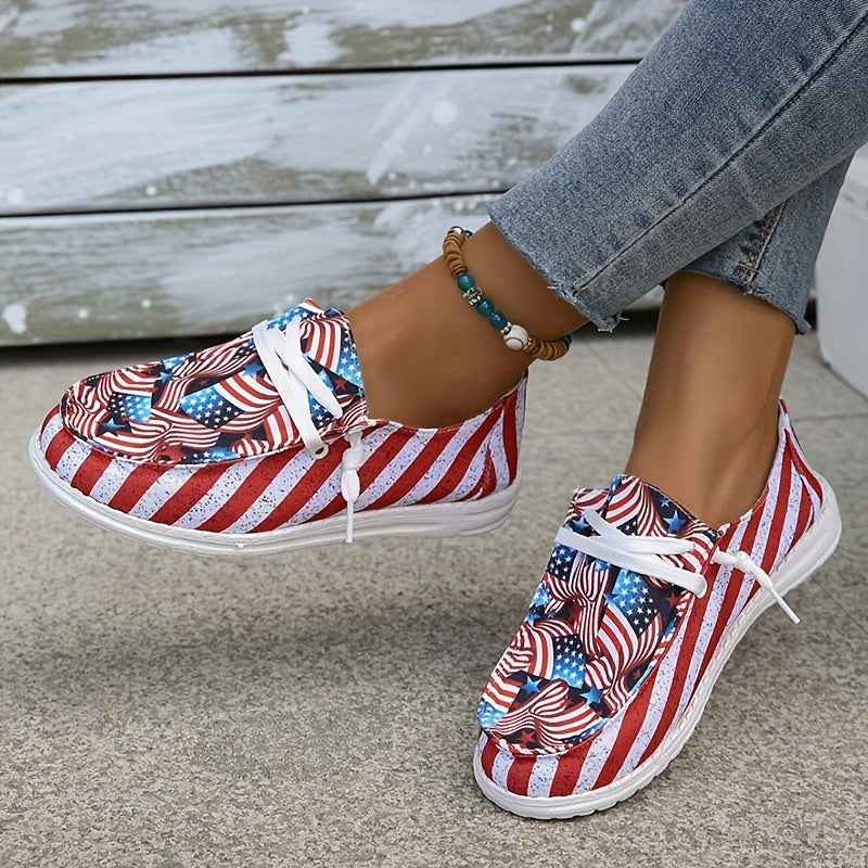 Women's Flag Pattern Canvas Loafers Lace Up Slip On Low Top Flat Shoes