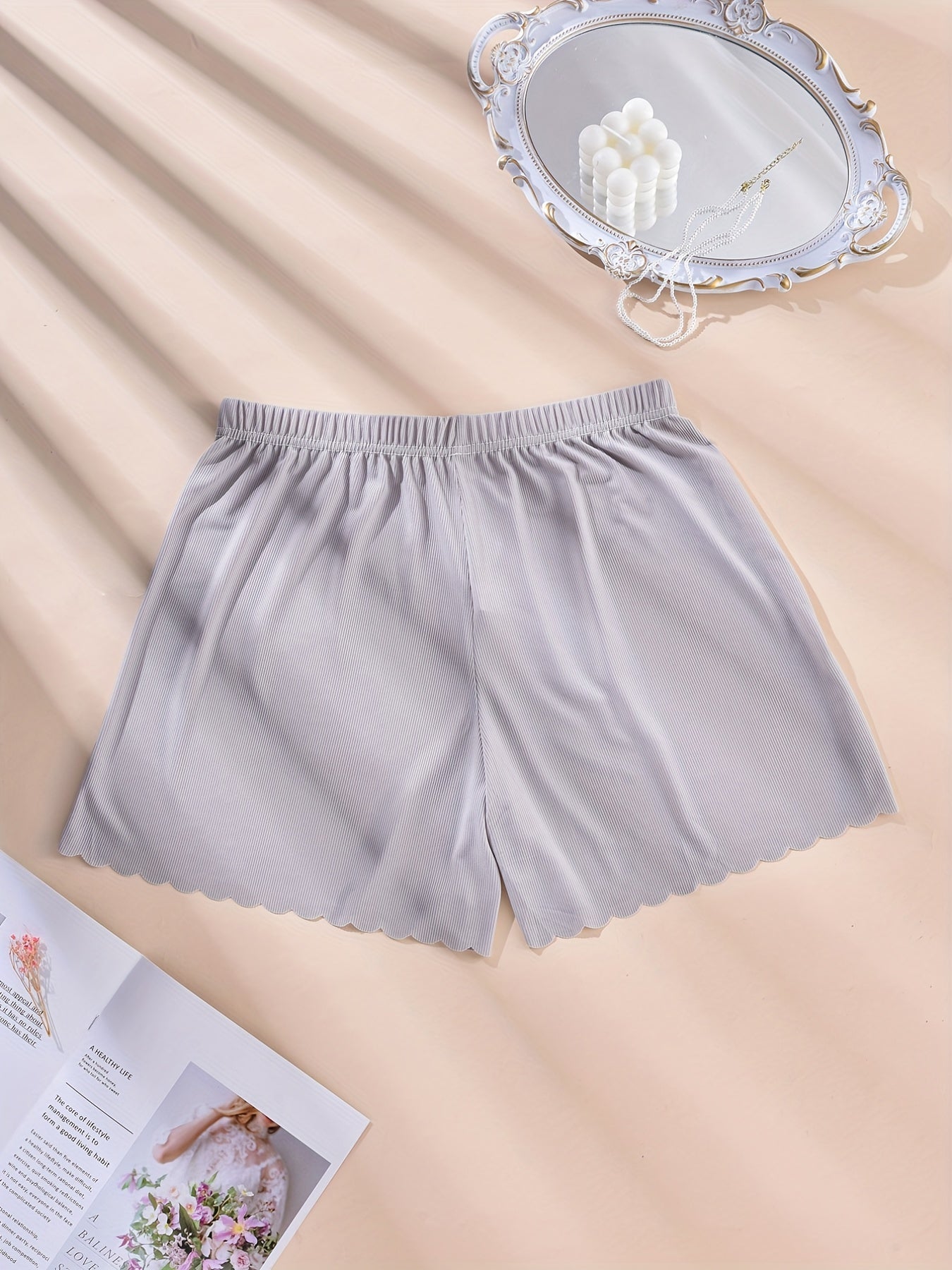 3 Pack Plus Size Ribbed Wave Trim Elastic Waist High Stretch Pajama Shorts