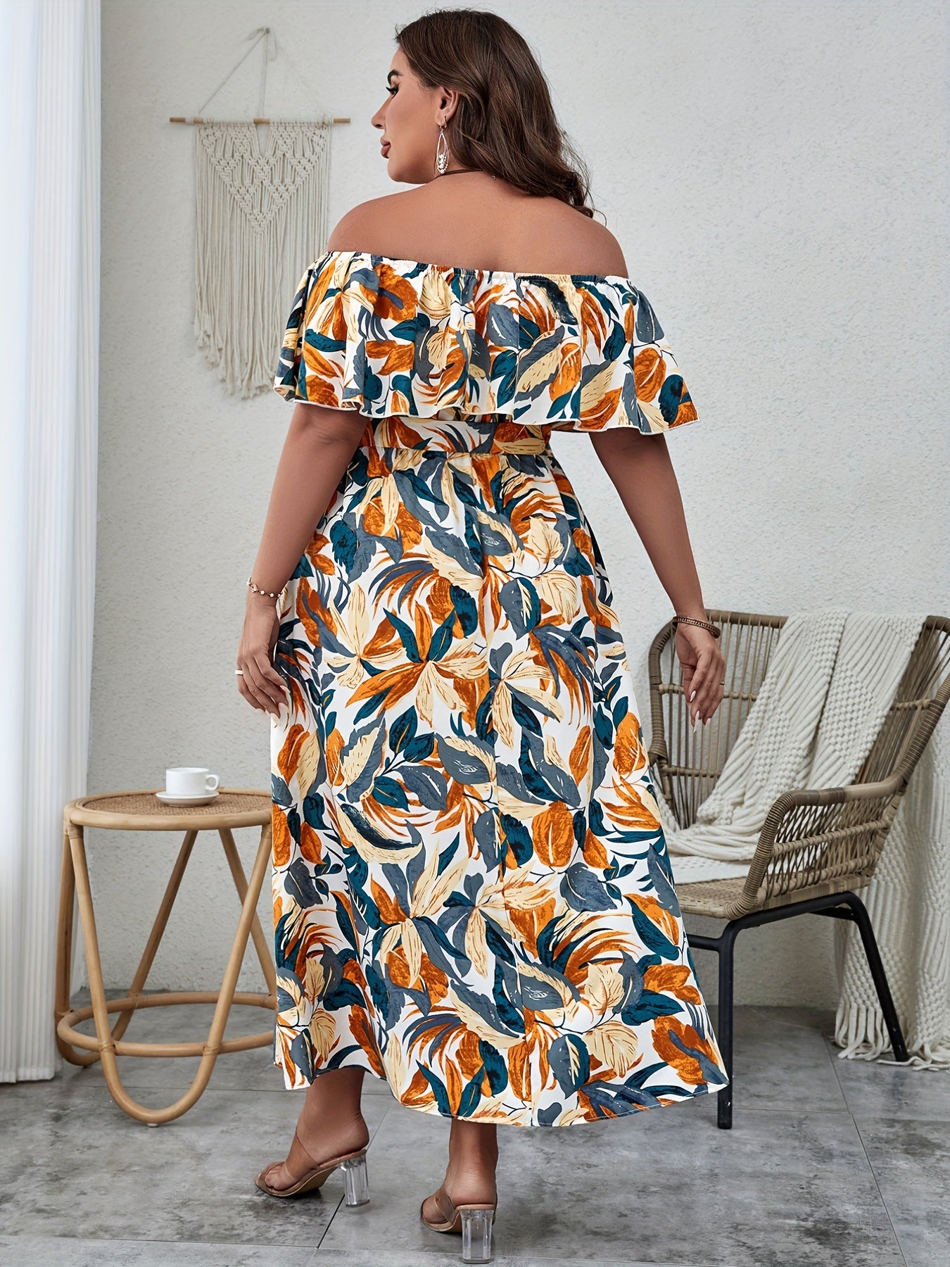  Tropical Print Off Shoulder Ruffle Maxi Dress