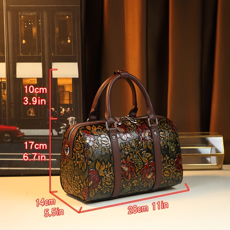 Vintage Floral Boston Bag Large Capacity Handbag Deep Brown