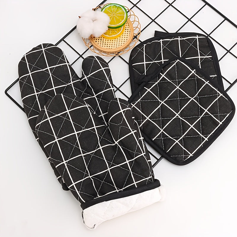 Plaid Pattern Kitchen Baking Gloves Set with Heat Insulation Mat