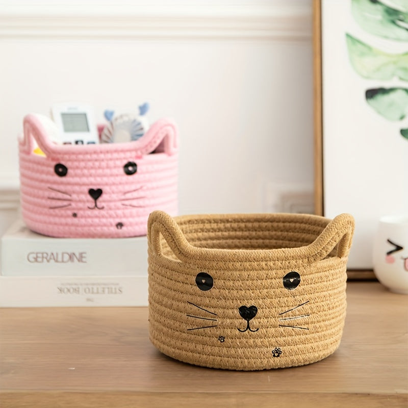 Cat Rattan Woven Cotton Fabric Storage Basket Desktop Debris Sorting Box