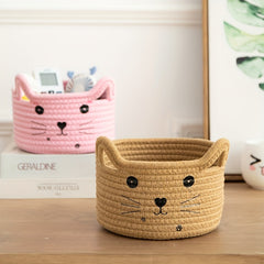 Cat Rattan Woven Cotton Fabric Storage Basket Desktop Debris Sorting Box