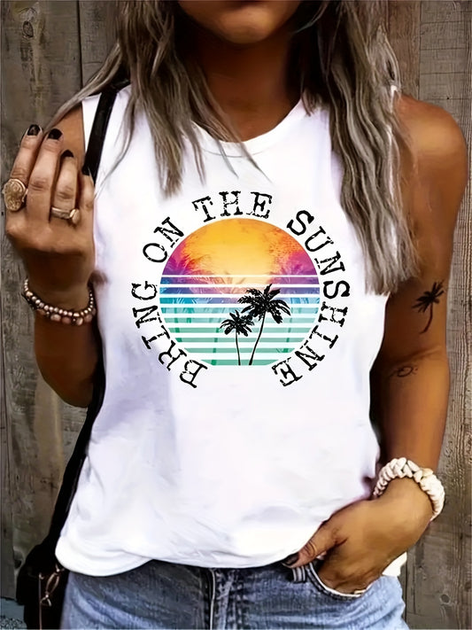  Tropical Slogan Print Tank Top Womens Casual Round Neck Stretch