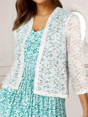 Solid Lace Open Front Top Long Sleeve Flower Pattern Top