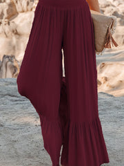  Solid Elastic Waist High Rise Wide Leg Trousers