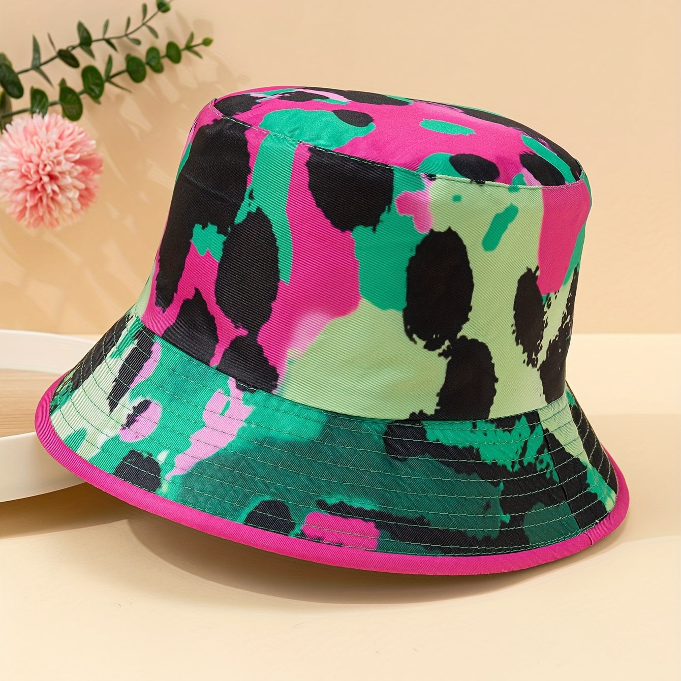 Green Red Leopard Bucket Hat Block Graffiti Print Reversible Fisherman Cap