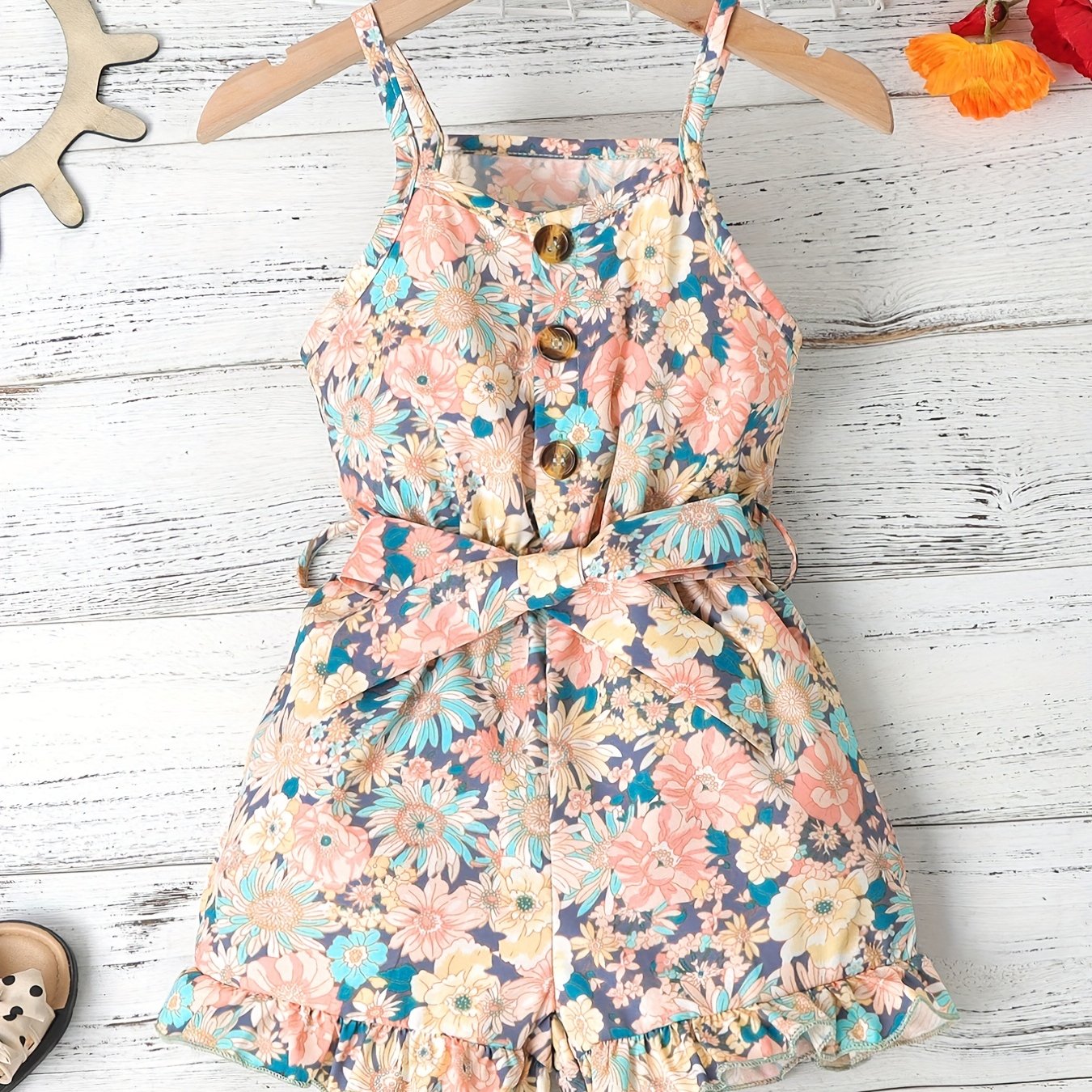 Girls Graphic Suspender Jumpsuit With Waist Belt Summer Kids Clothes