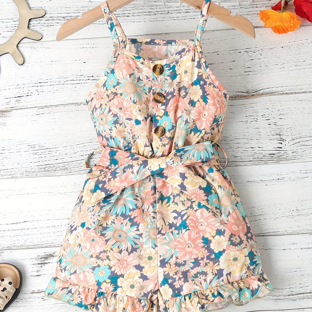 Girls Graphic Suspender Jumpsuit With Waist Belt Summer Kids Clothes