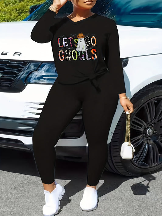Ghost Art Print Top & Leggings Set Plus Size Halloween Outfit