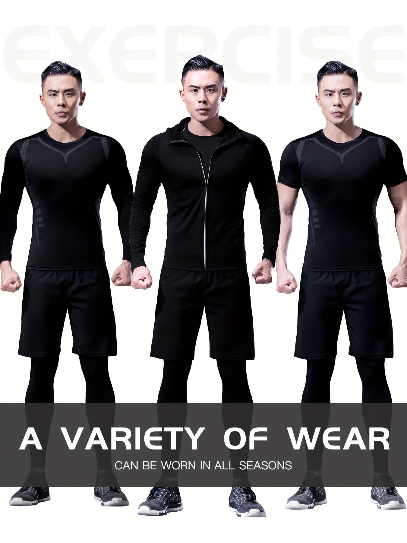 Men's Sports Set: Zip Up Hoodie Jacket & Fitness T-shirt & High Stretch Shorts