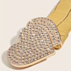 Rhinestone Heart Buckle Belt Golden Elastic Wide Belt PU Leather Waistband